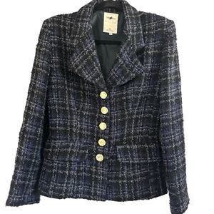 VERTIGO PARIS Tweed Preppy Dark Academia Black Blue Plaid Metallic Blazer - Sz S
